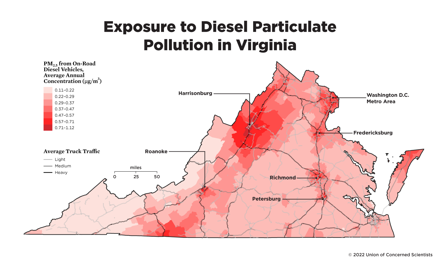 map of Virginia showing exposure to diesel particulate pollution