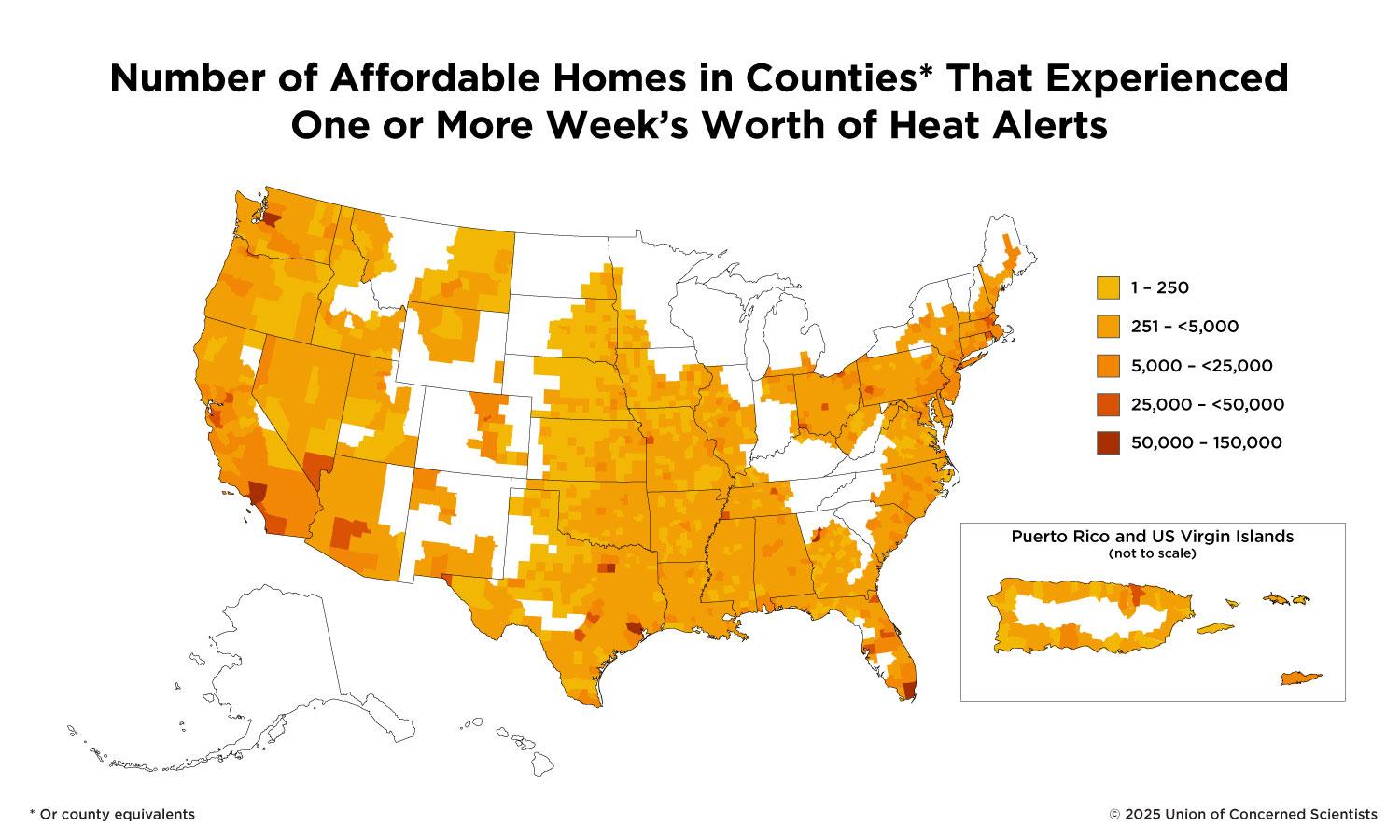 Map showing number of affordable homes in counties that experienced 1 or more weeks' worth of heat alerts during 2024
