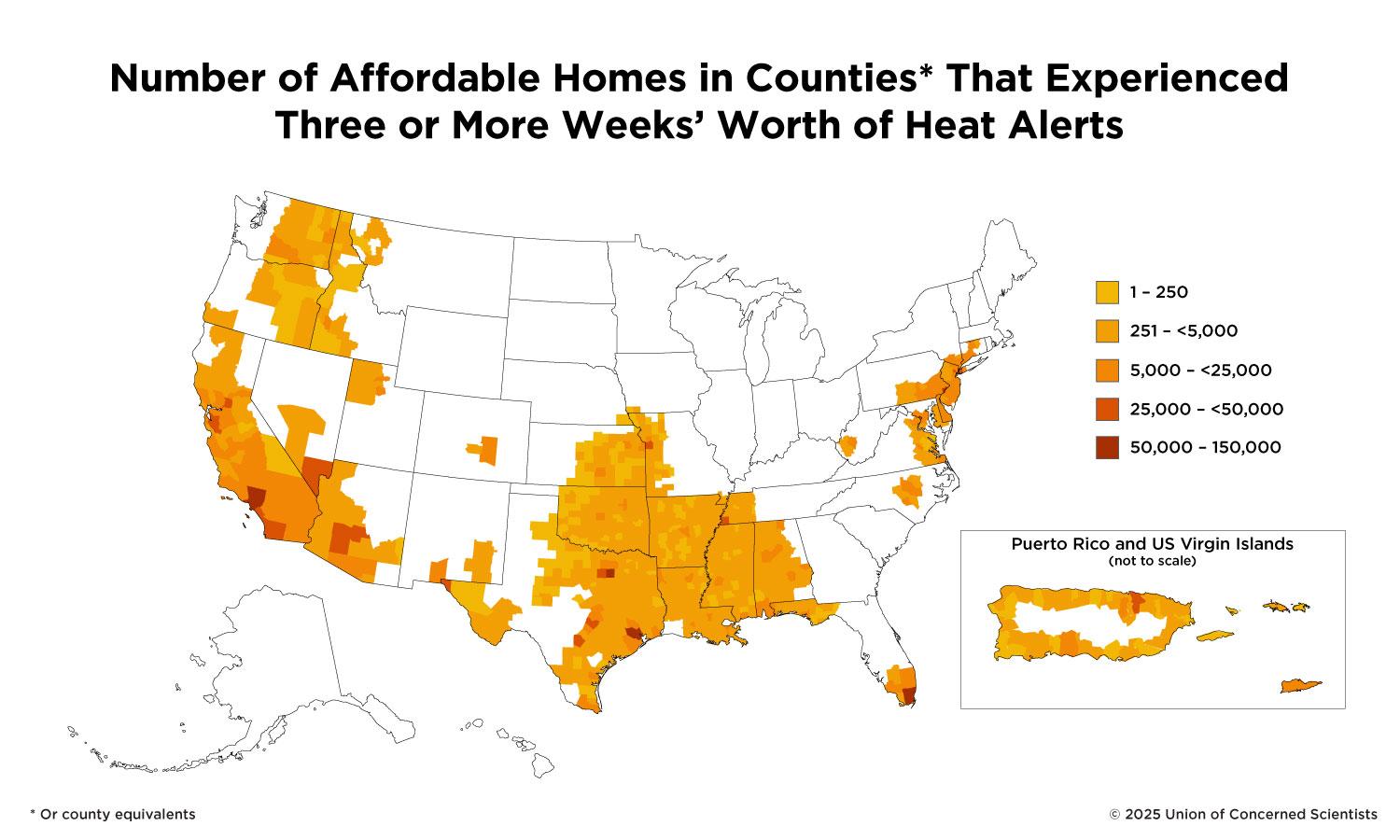 Map showing number of affordable homes in counties that experienced 3 or more weeks of heat alerts in 2024.