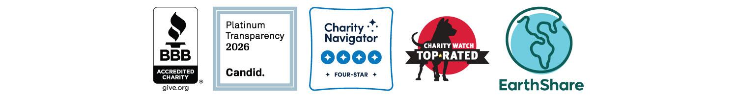 BBB, Candid, Charity Navigator, Charity Watch, and Earth Share accreditations