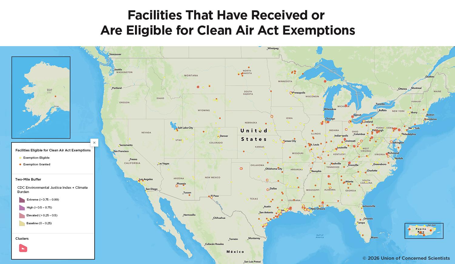 A map showing chemical facilities across the United States that are eligible for, or have received, Clean Air Act exemptions