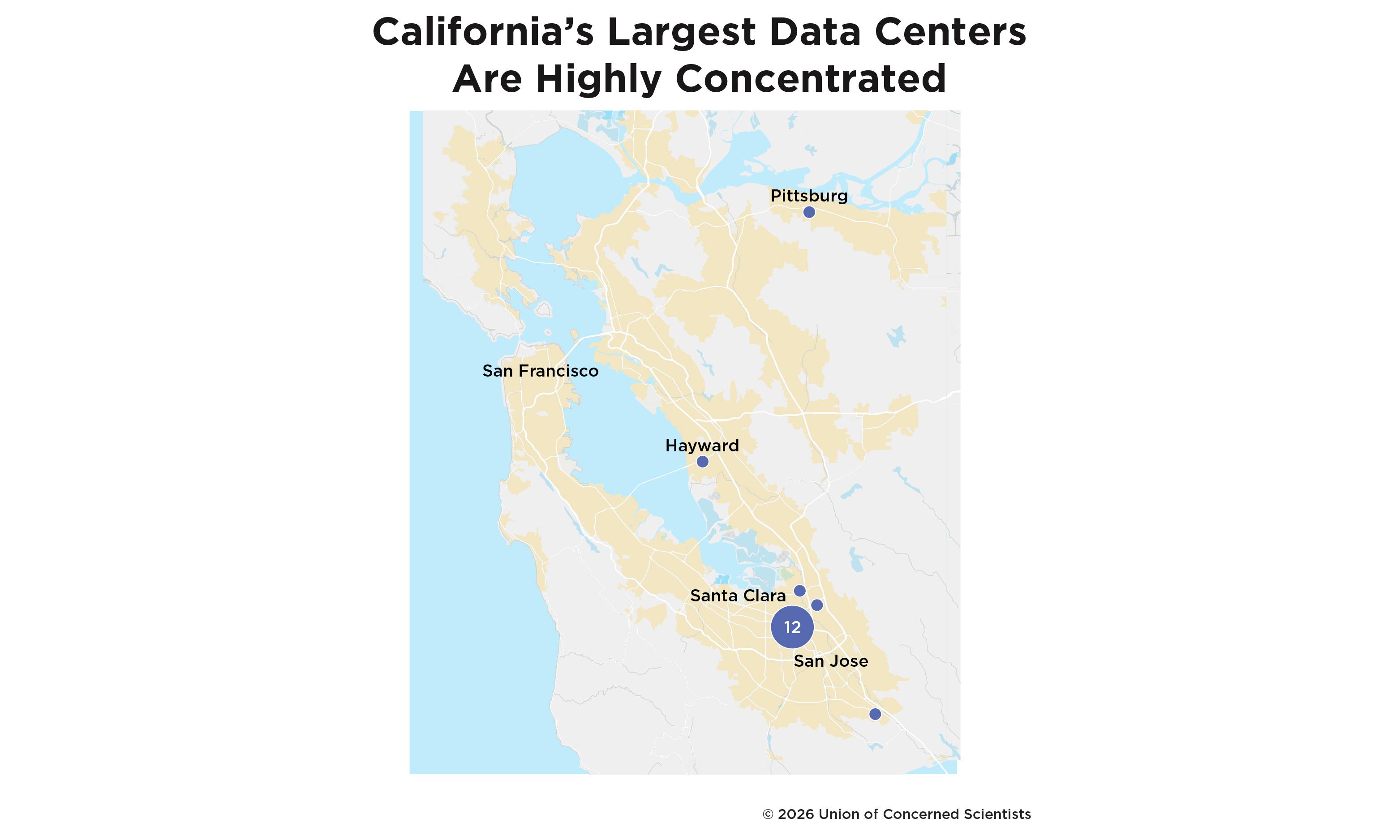 a map showing the concentration of California's largest data centers