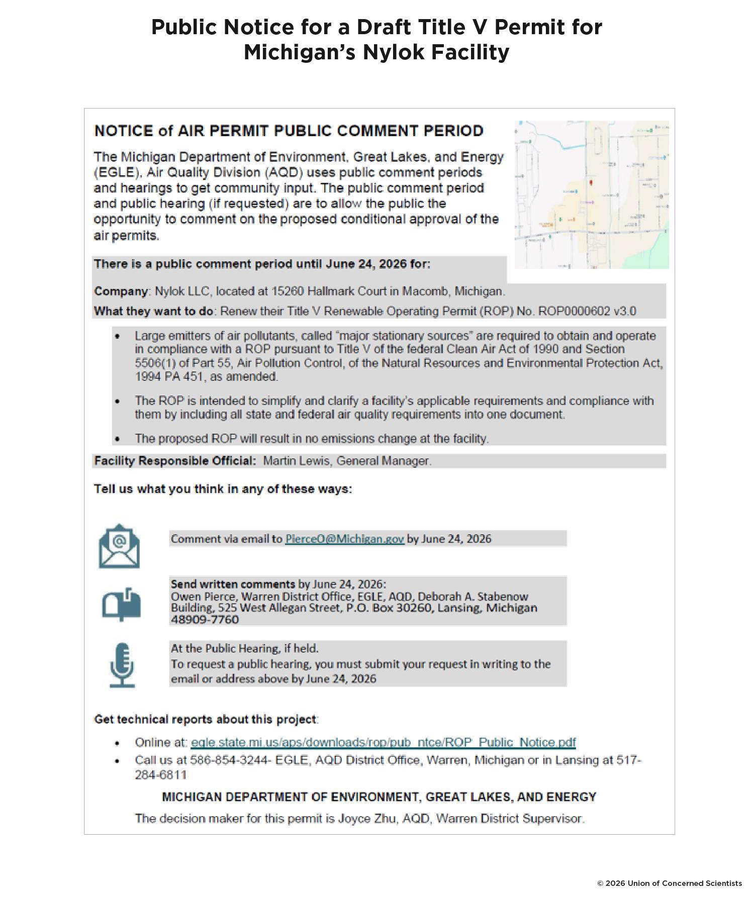 Public Notice for a Draft Title V Permit for Michigan's Nylok Facility
