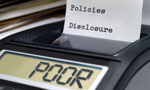 A printing calculator screen spells out POOR and receipt reads policies and disclosures