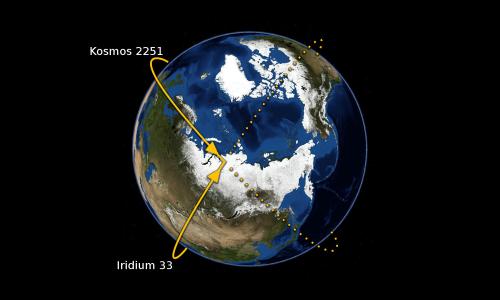 Illustration of two satellites colliding over northern Siberia in February 2009