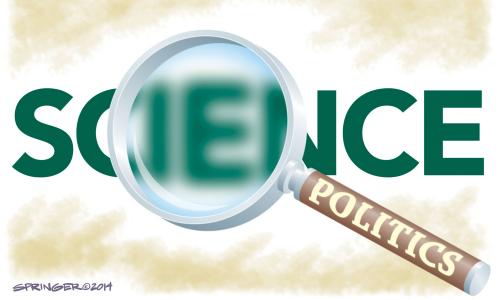 Cartoon showing politics as a magnifying glass blurring science