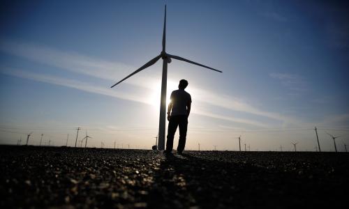 Setting sun behind field of turbines