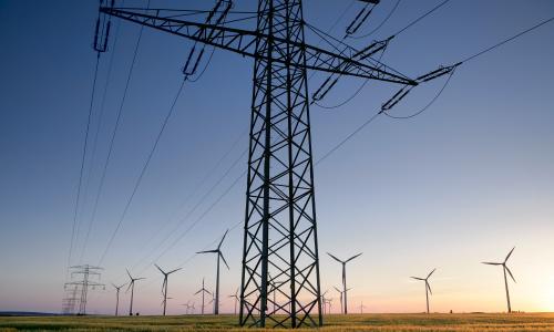 Transmission lines during a sunset. 