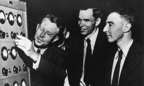 Dr. Ernest O. Lawrence, Director of the University of California Radiation Laboratory, Dr. Glenn T. Seaborg, head of the Chemistry Division of the Laboratory, and Dr. J. Robert Oppenheimer, a theoretical physicist on the Berkeley facility. c. 1946