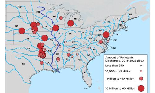 A map of the United States with circles in shades of red that represent Tyson meat processing plants, with the size of the circles based on the amount of pollutants discharged