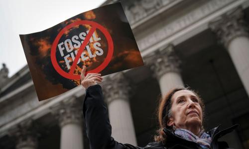 A woman holds up a sign that says "no fossil fuels"