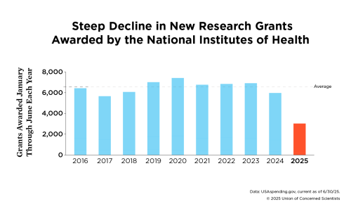 a graph showing granted awarded by the National Institutes of Health in the first half of each year.