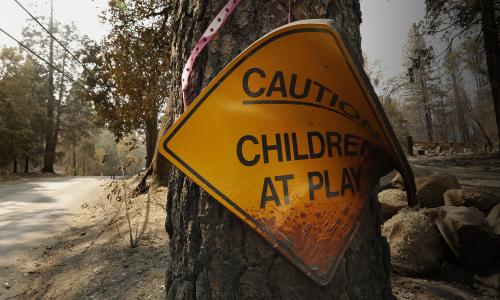 A sign on a tree that reads "Caution: Children at play."