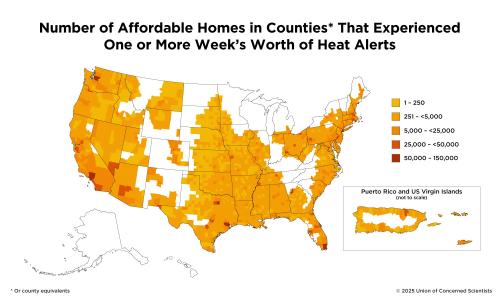 Map showing number of affordable homes in counties that experienced 1 or more weeks' worth of heat alerts during 2024