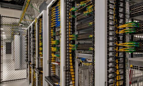 Server racks in a data center.