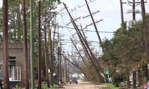 Utility poles lean over a car on a road.