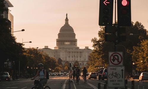 a bike lane with the US Capitol Building in the background in Washington, D.C.
