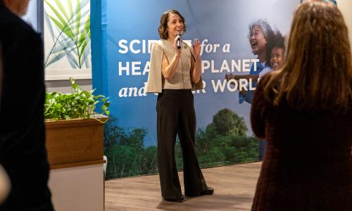 UCS president and CEO Gretchen Goldman addressing a group of people. 