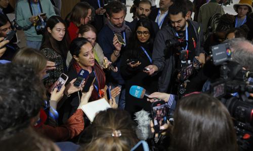 UCS scientist Rachel Cleetus speaking to journalists at COP29 Climate Conference.