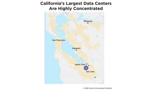 a map showing the concentration of California's largest data centers