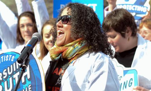Astrid Caldas speaks at The Rally to Stand Up for Science in Boston on February 19, 2017